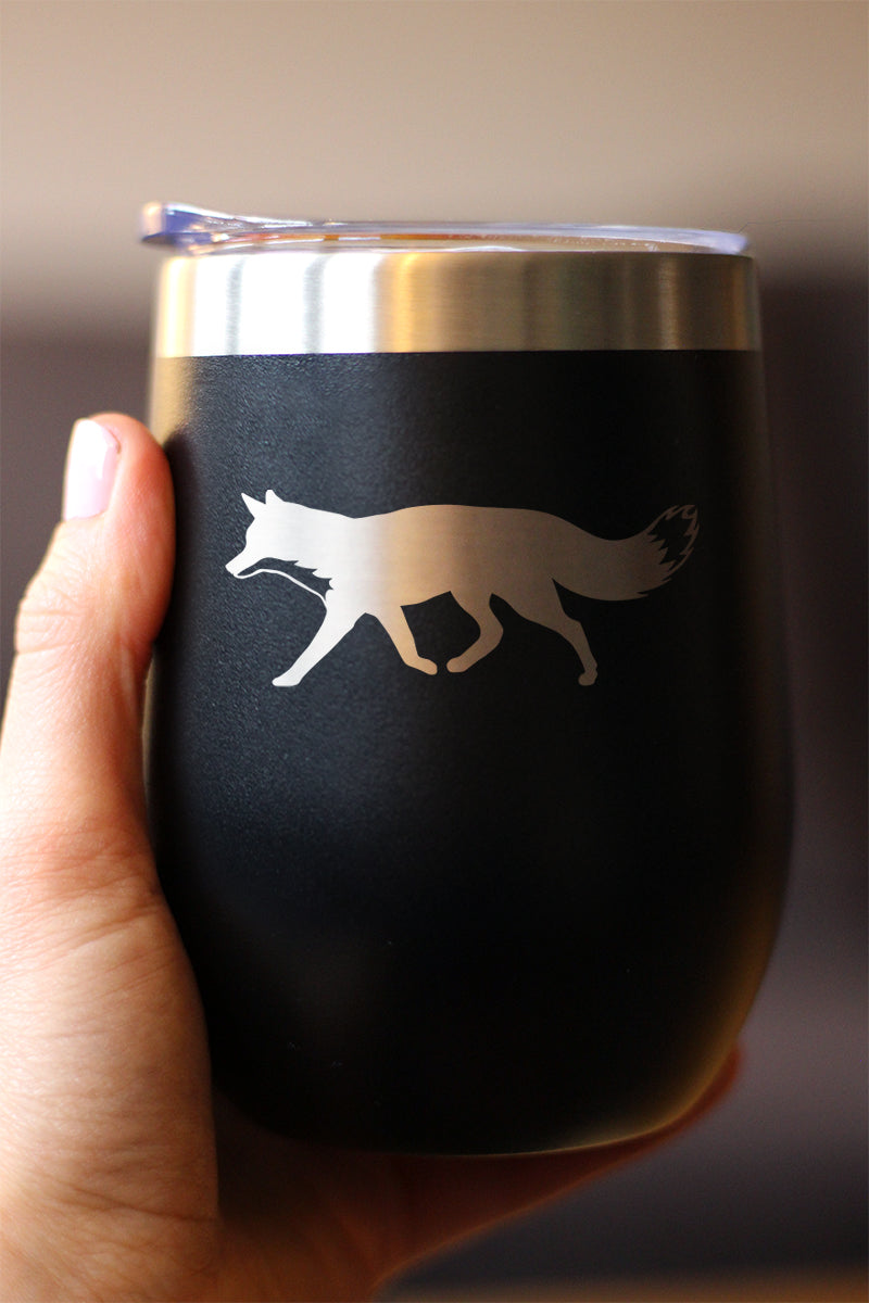 Fox Silhouette - Wine Tumbler with Sliding Lid - Stemless Stainless Steel Insulated Cup - Cute Cabin Themed Gifts or Rustic Decor