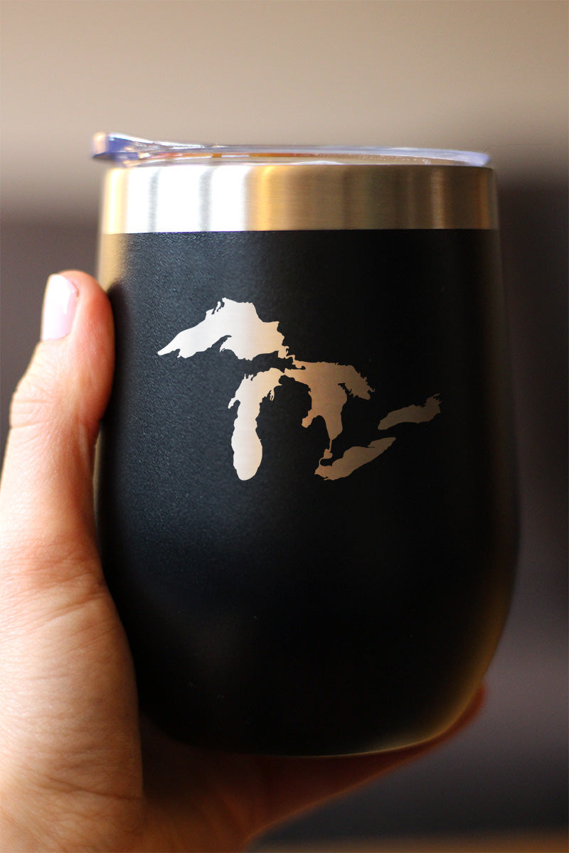 Great Lakes Map Wine Tumbler with Sliding Lid - Stemless Stainless Steel Insulated Cup - Cute Outdoor Camping Mug