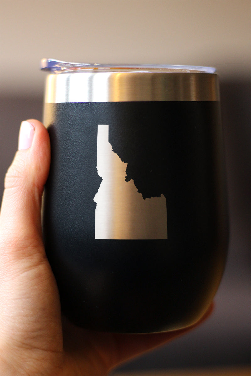 Idaho State Outline - Wine Tumbler Glass with Sliding Lid - Stainless Steel Travel Mug - Idaho Gifts for Women and Men