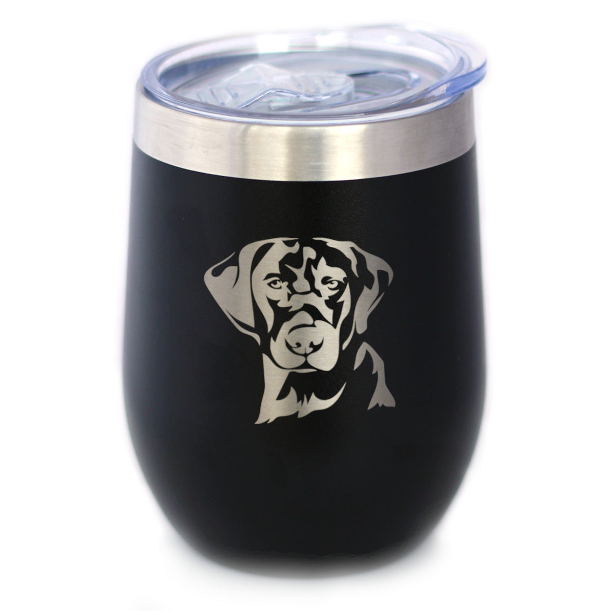 Black Lab Face Wine Tumbler with Sliding Lid - Stemless Stainless Steel Insulated Cup - Labrador Retriever Outdoor Camping Mug