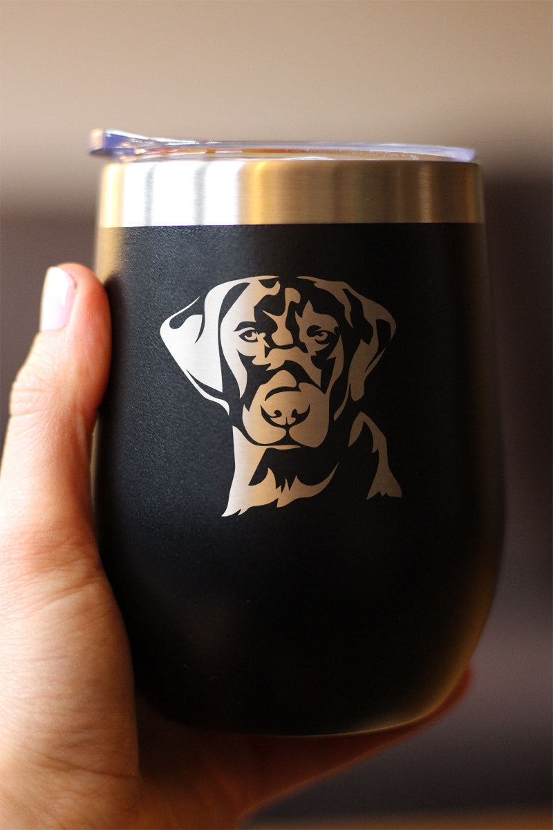 Black Lab Face Wine Tumbler with Sliding Lid - Stemless Stainless Steel Insulated Cup - Labrador Retriever Outdoor Camping Mug