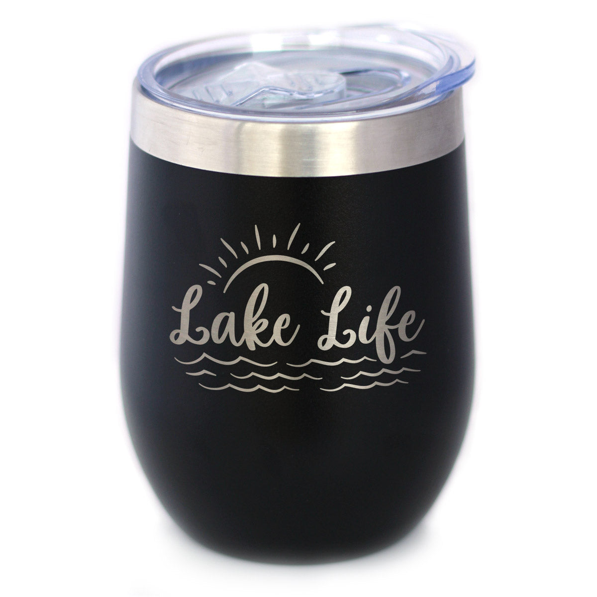 Lake Life - Wine Tumbler with Sliding Lid - Stemless Stainless Steel Insulated Cup - Cute Outdoor Camping Mug