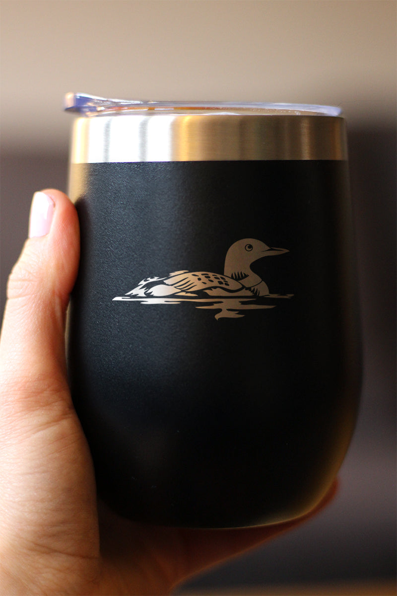 Loon - Wine Tumbler Glass with Sliding Lid - Stainless Steel Insulated Mug - Loon Gifts for Women and Men