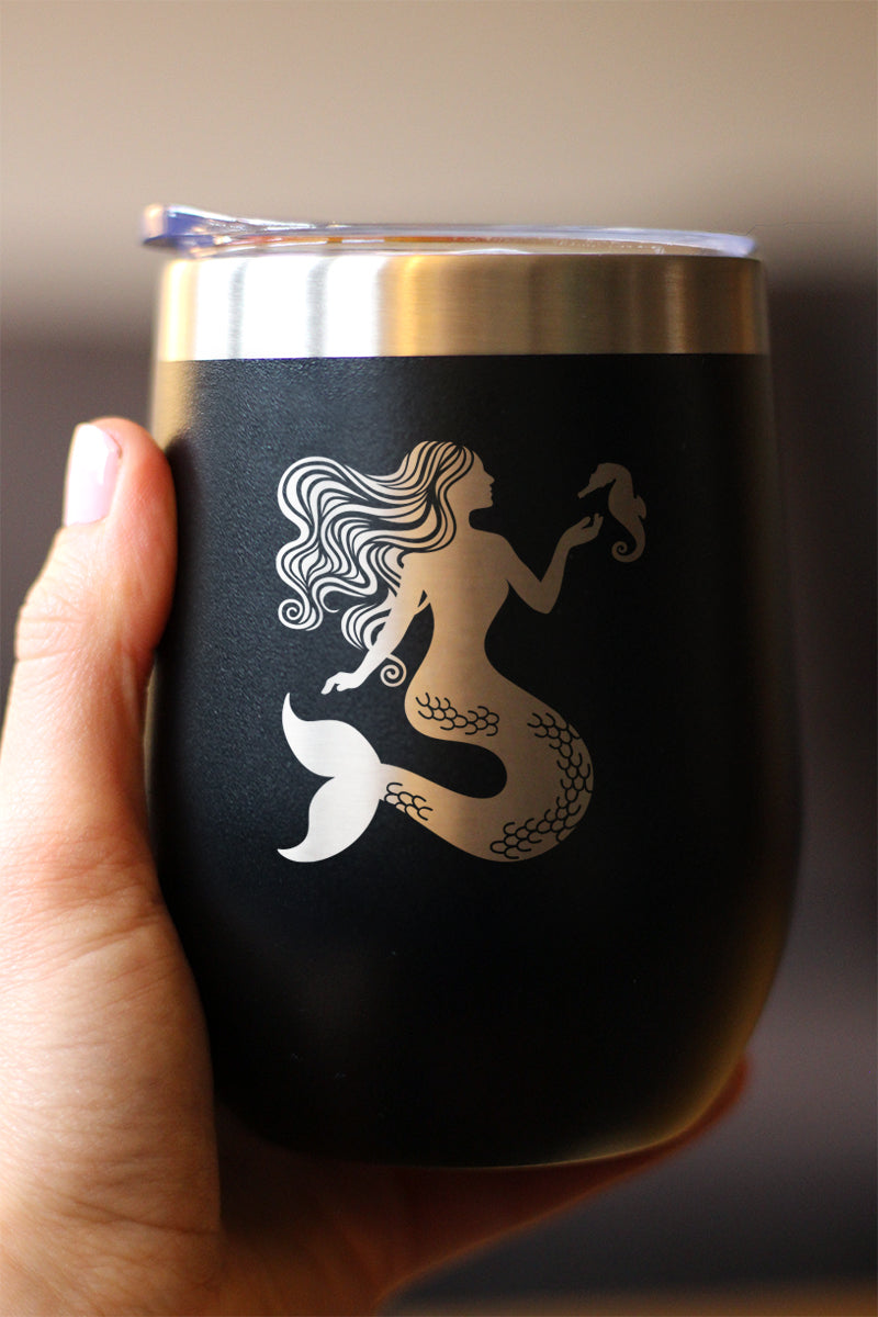 Mermaid - Wine Tumbler Glass with Sliding Lid - Stainless Steel Travel Mug - Cute Mermaid Gifts for Women