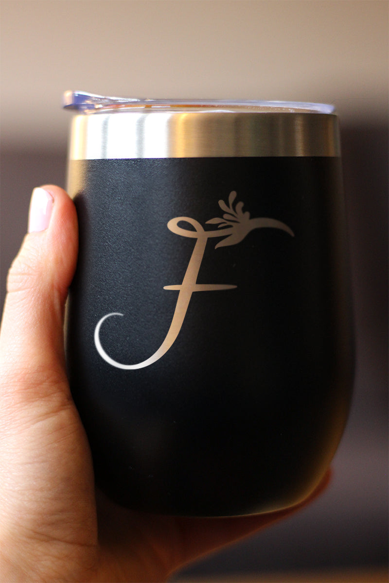 Monogram Floral Initial Letter F - Wine Tumbler