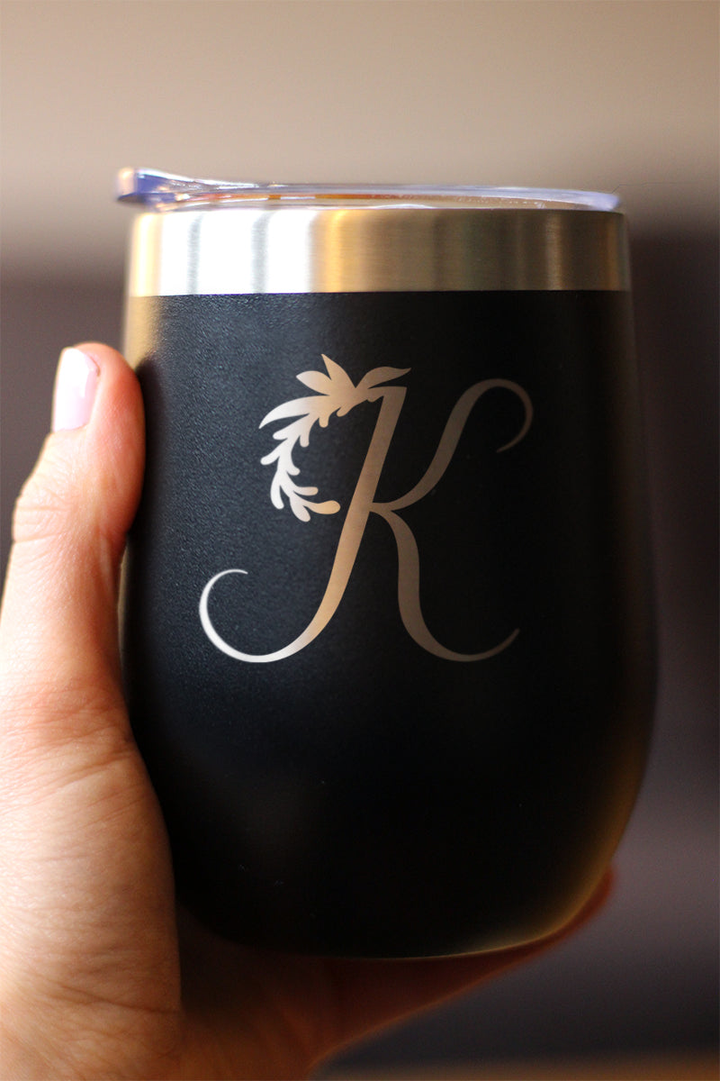 Monogram Floral Initial Letter K - Wine Tumbler