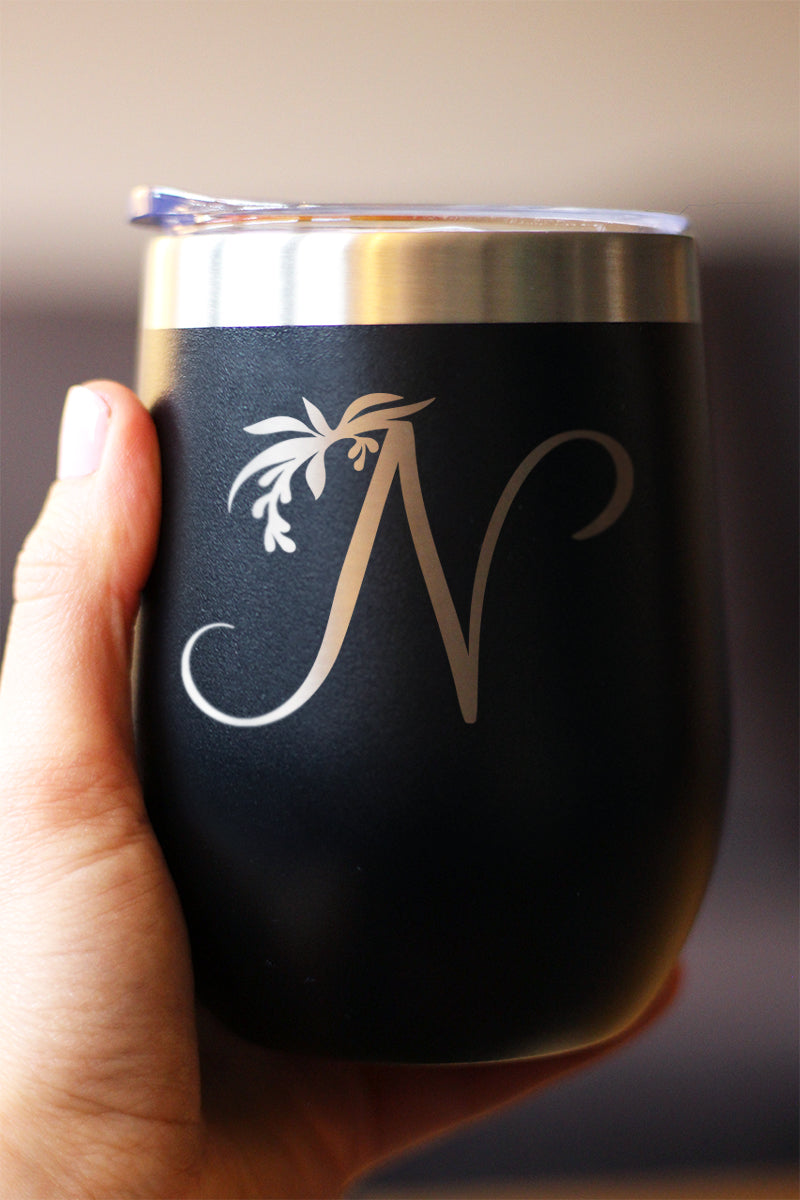 Monogram Floral Initial Letter N - Wine Tumbler