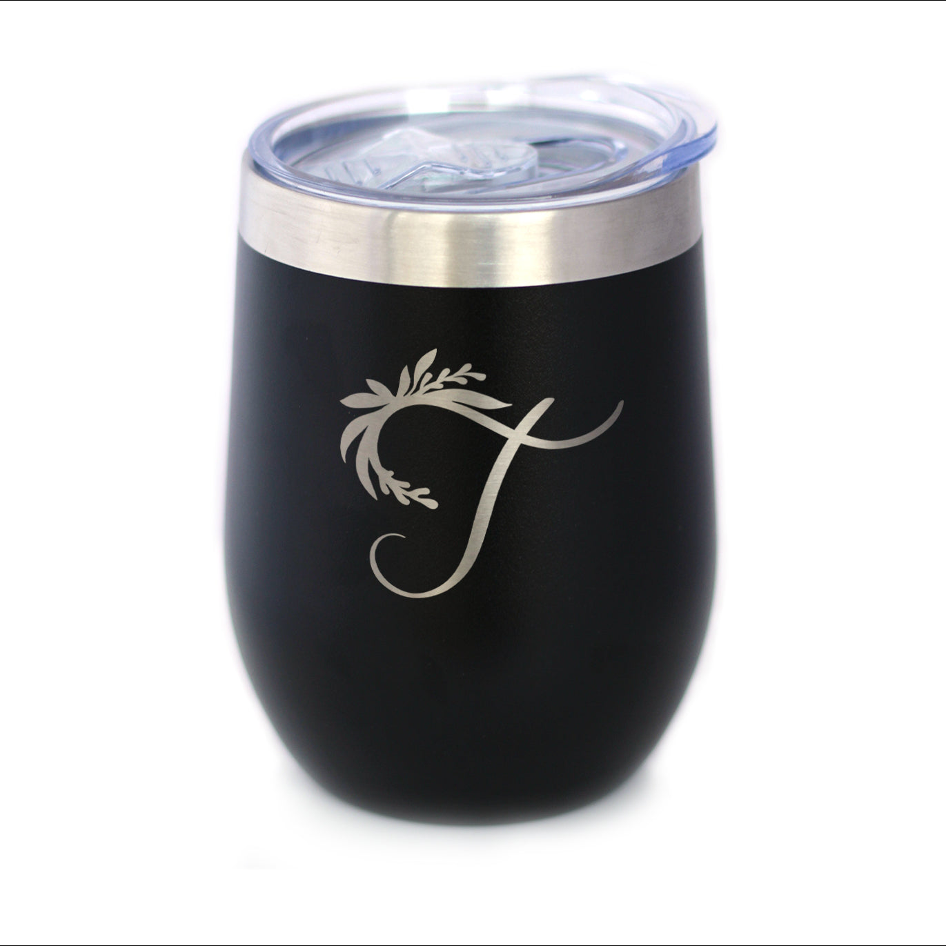 Monogram Floral Initial Letter T - Wine Tumbler