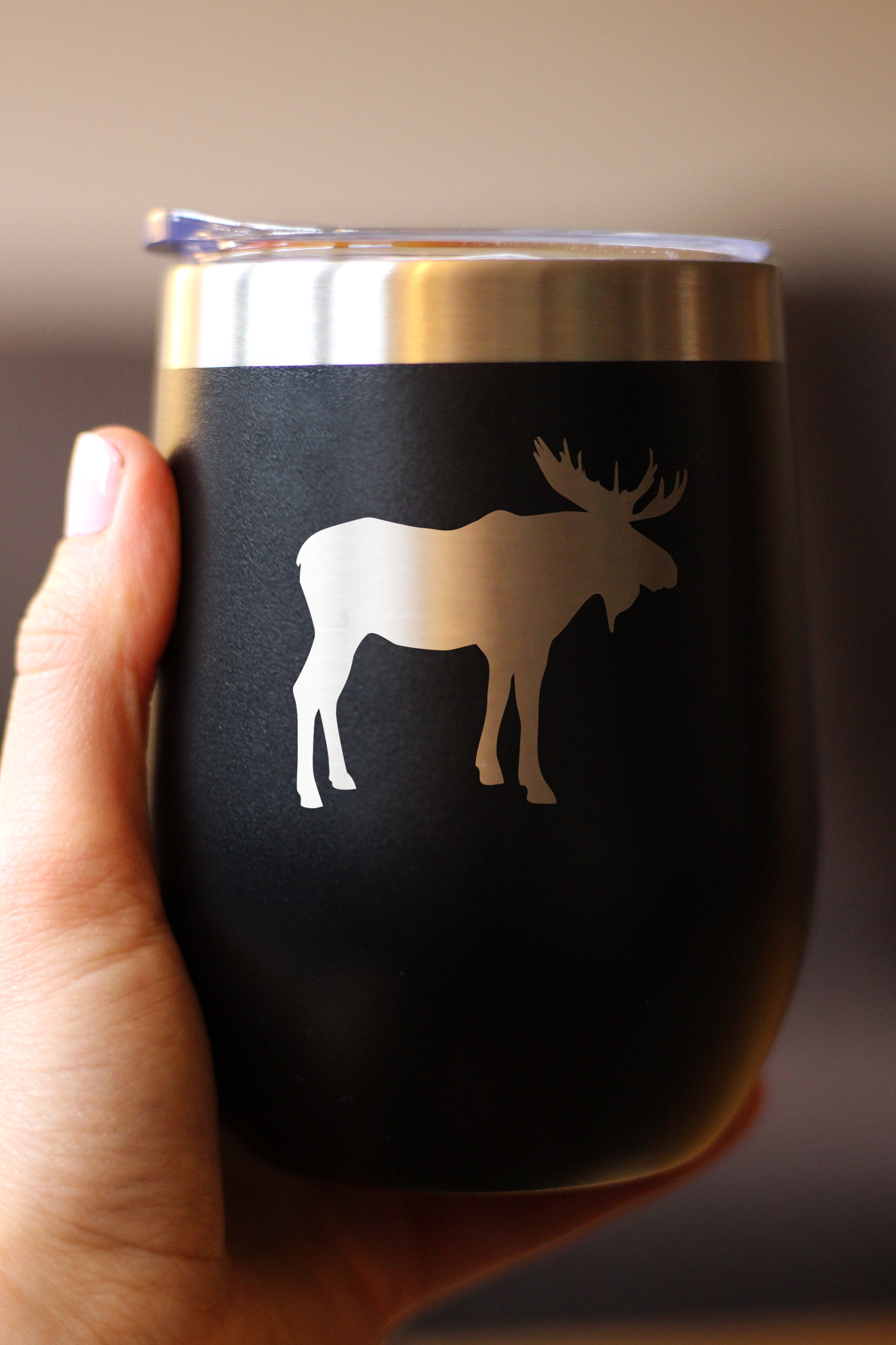 Moose Silhouette - Wine Tumbler with Sliding Lid - Stemless Stainless Steel Insulated Cup - Cute Outdoor Camping Mug