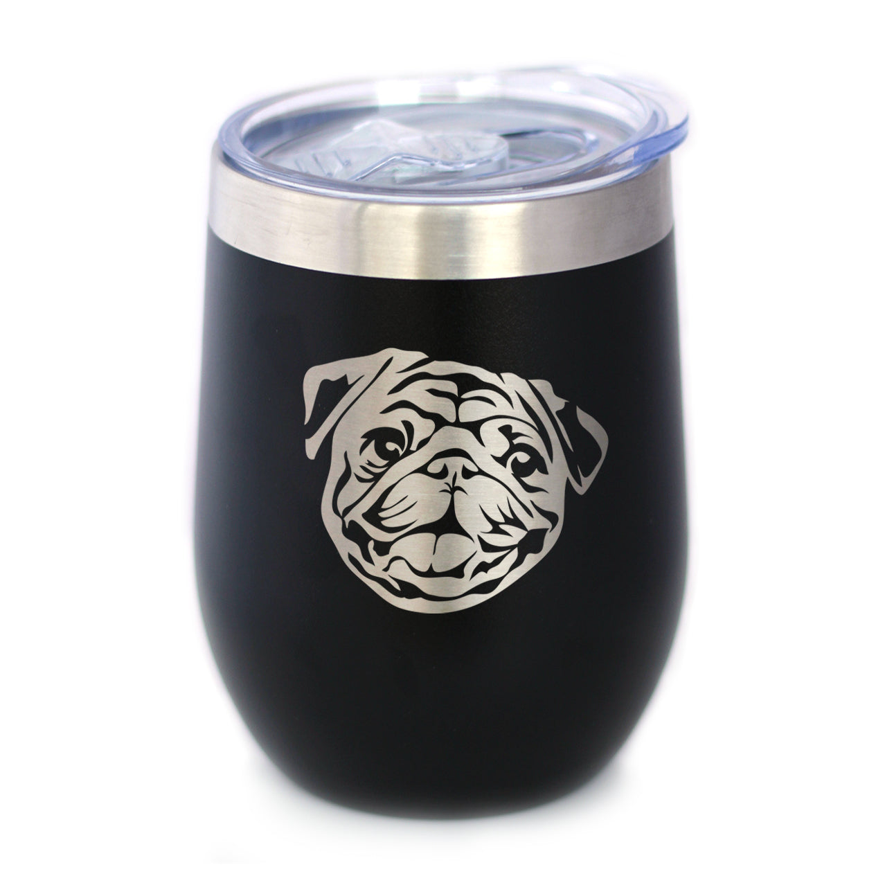 Pug - Wine Tumbler Glass with Sliding Lid - Stainless Steel Insulated Mug - Cute Pug Themed Gift for Men and Women