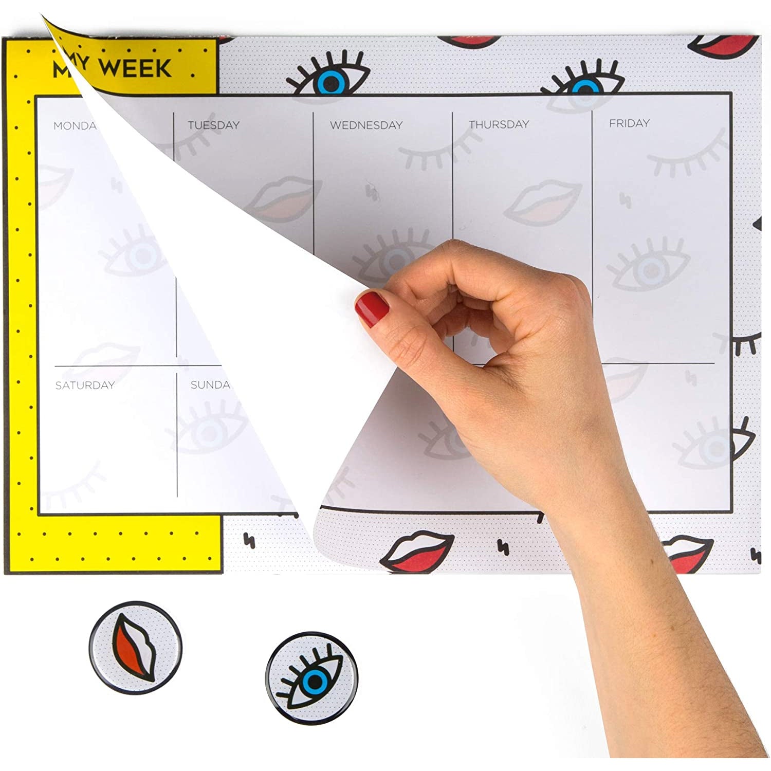 Wink Weekly Planner | 2 Magnets | Pop Art Eyes and Lips Print