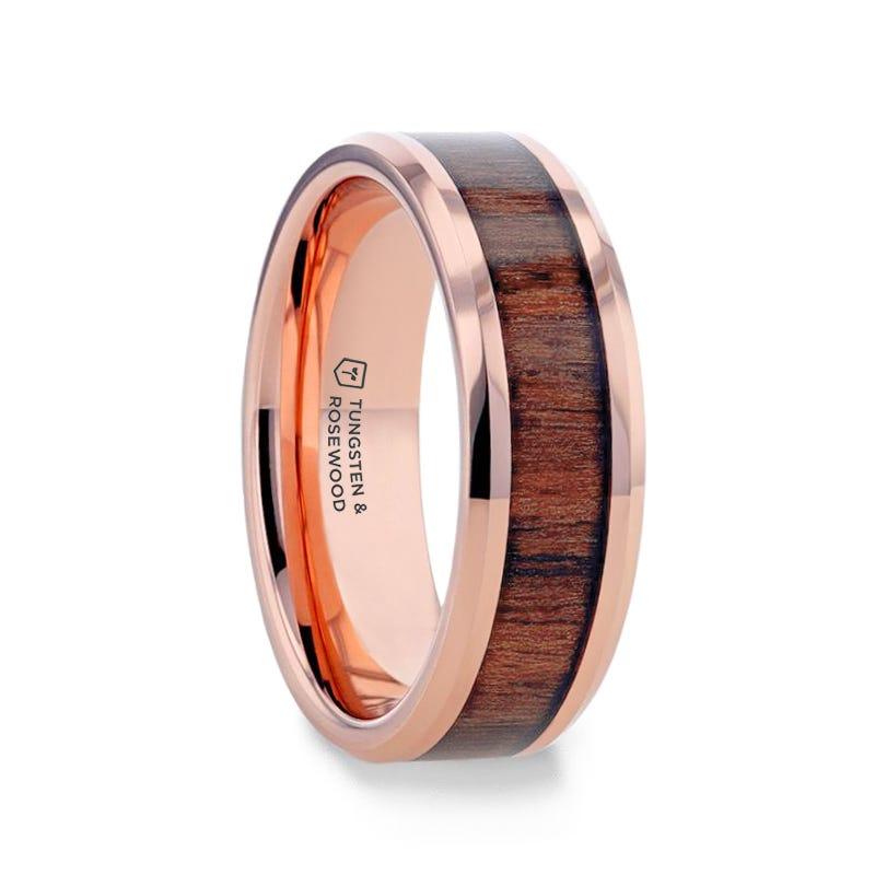 ALDER Rose Gold Plated Rosewood Inlaid Tungsten Men's Wedding Band With Beveled Polished Edges - 8mm