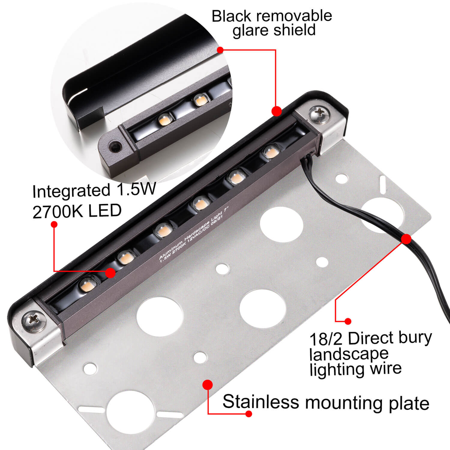 Gardenreet LED Hardscape Light,Cast Aluminum Housing,Integrated 1.5W 2700/3000K LED Light Source,LED Step Light,7 Inches Long,Low Voltage 12V AC/DC (2702)