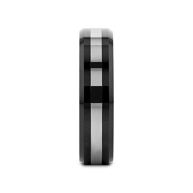 ASTADI Polished Black Beveled Ceramic Ring with Tungsten Inlay - 6mm & 8mm (Limited Stock)