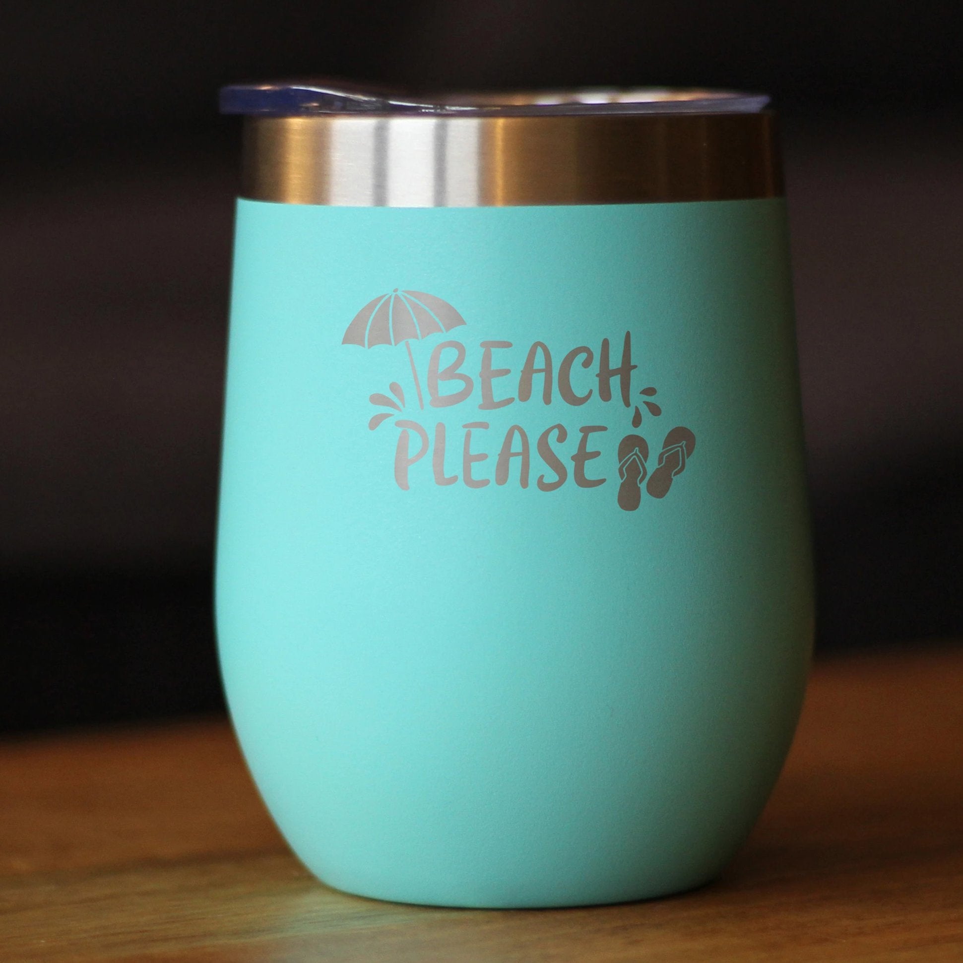 Beach Please - Travel Wine Tumbler with Sliding Lid - Stemless Stainless Steel Insulated Cup - Cute Funny Outdoor Camping Gift