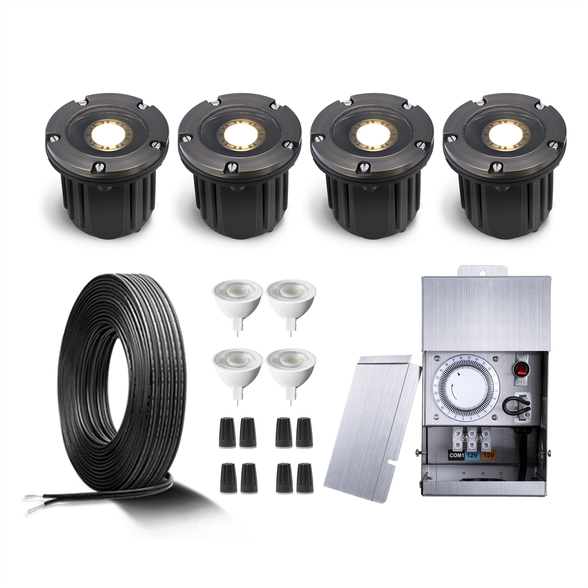 Gardenreet Brass Low Voltage Landscape Lighting Kit (4/6Pack Well Lights) 12V LED with Low Voltage Transformer,  Mechanical Timer, Wire, Connectors for Outdoor House Yard Patio Pathway Lighting