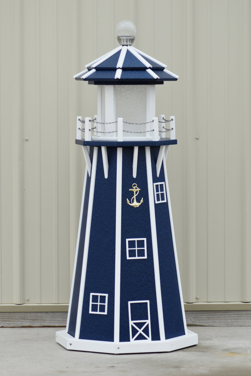 4 ft. Octagon Solar and Electric Powered Poly Garden Lighthouse, Navy Blue/white trim