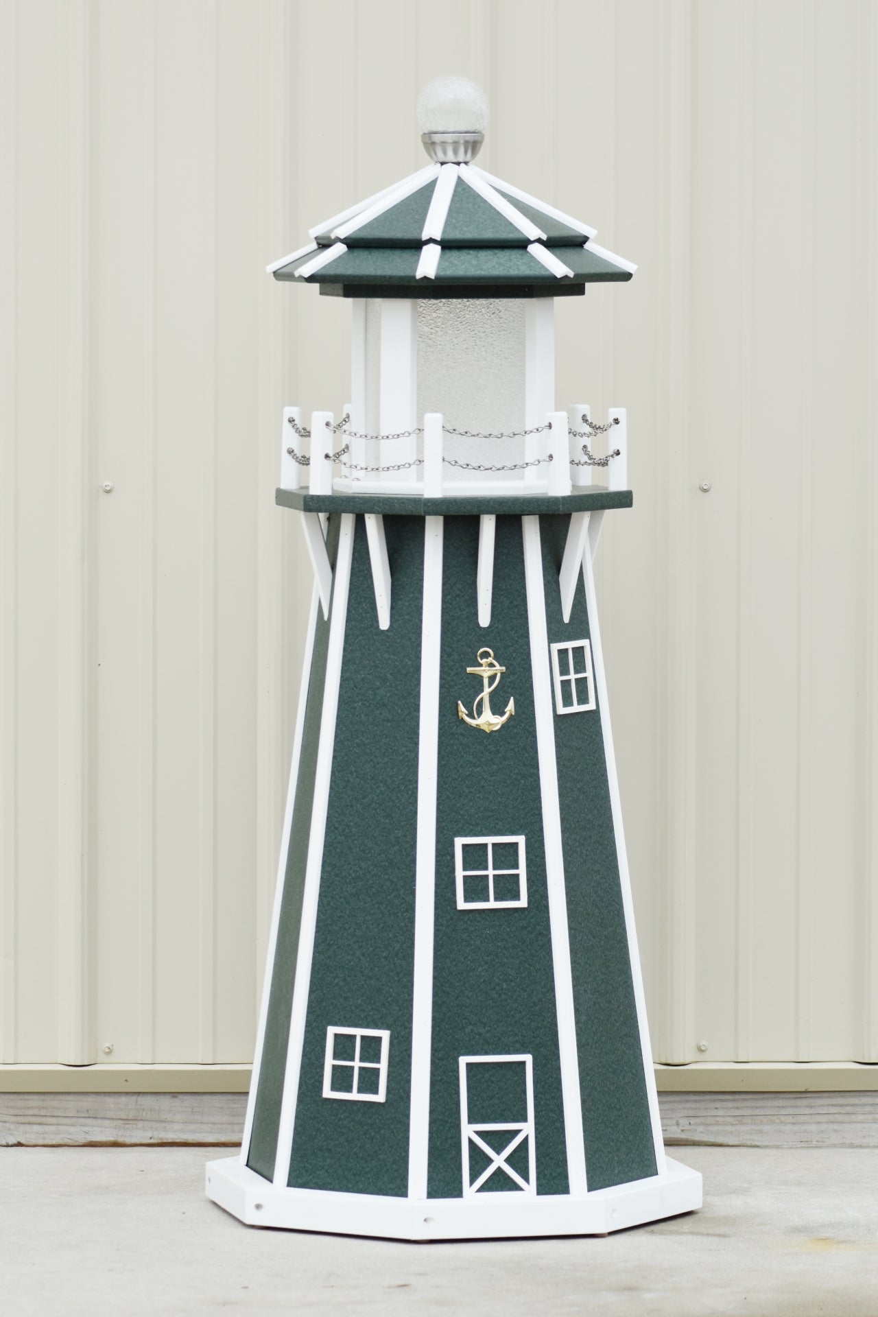 4 ft. Octagon Solar and Electric Powered Poly Lawn Lighthouse, Green/white trim