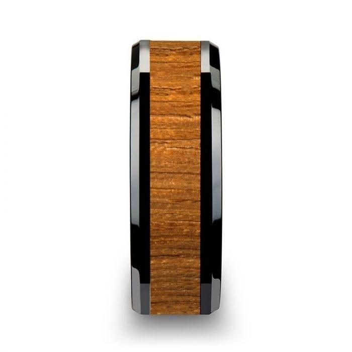 SAGON Black Ceramic Ring with Polished Bevels and Teak Wood Inlay - 6mm - 10mm