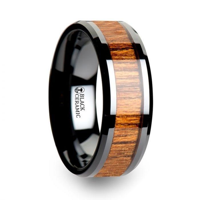 SAGON Black Ceramic Ring with Polished Bevels and Teak Wood Inlay - 6mm - 10mm