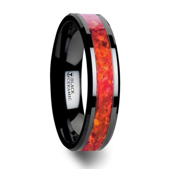 NOVA Black Ceramic Wedding Band with Beveled Edges and Red Opal Inlay - 4mm - 8mm