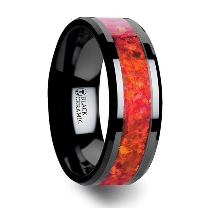 NOVA Black Ceramic Wedding Band with Beveled Edges and Red Opal Inlay - 4mm - 8mm