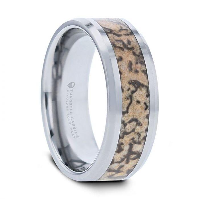 ORDOVICIAN Dinosaur Bone Inlaid Tungsten Carbide Beveled Edged Ring - 4mm or 8mm