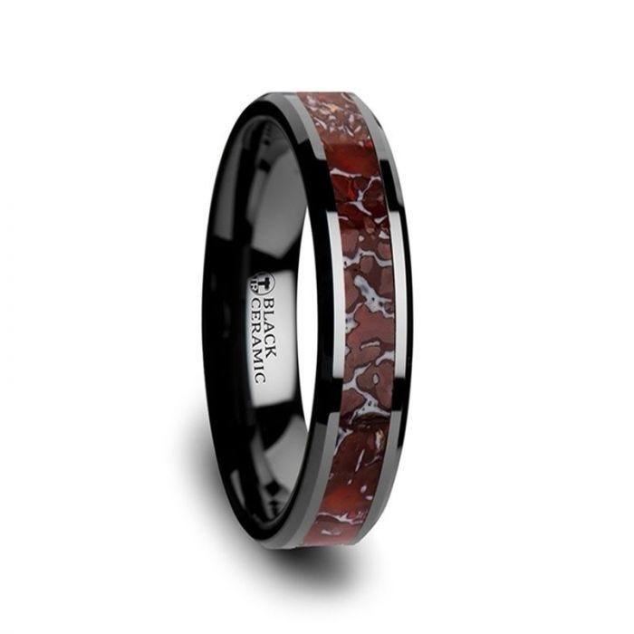 TRIASSIC Red Dinosaur Bone Inlaid Black Ceramic Beveled Edged Ring - 4mm