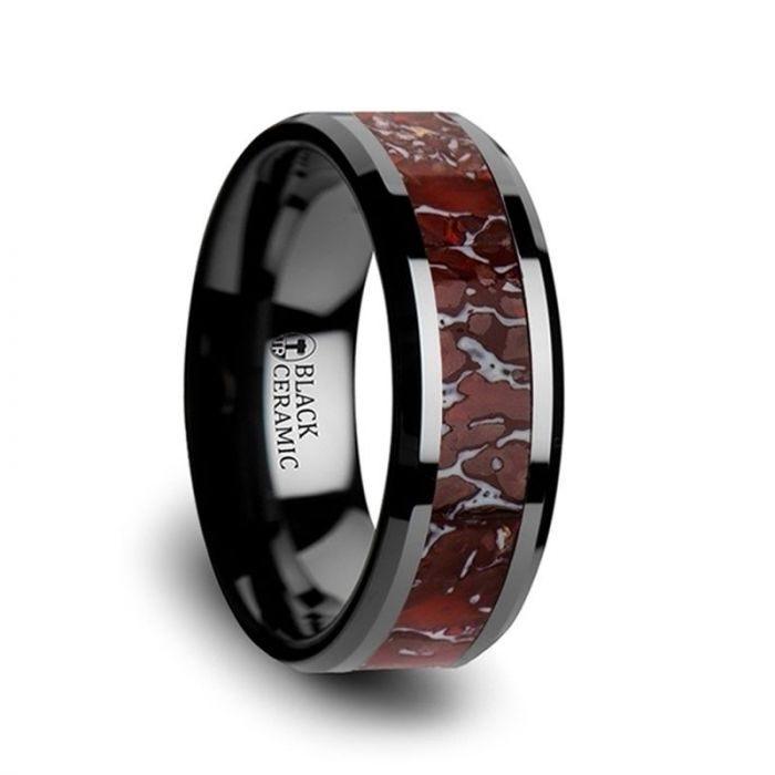 TRIASSIC Red Dinosaur Bone Inlaid Black Ceramic Beveled Edged Ring - 4mm & 8mm