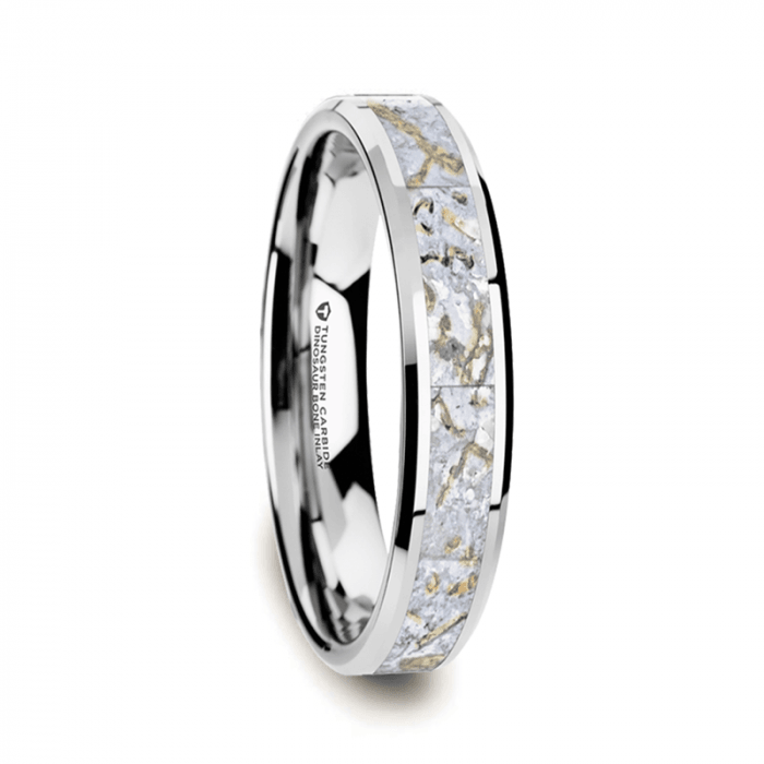 MESOZOIC Men’s Tungsten Flat Beveled Wedding Ring with White Dinosaur Bone Inlay - 4mm or 8mm