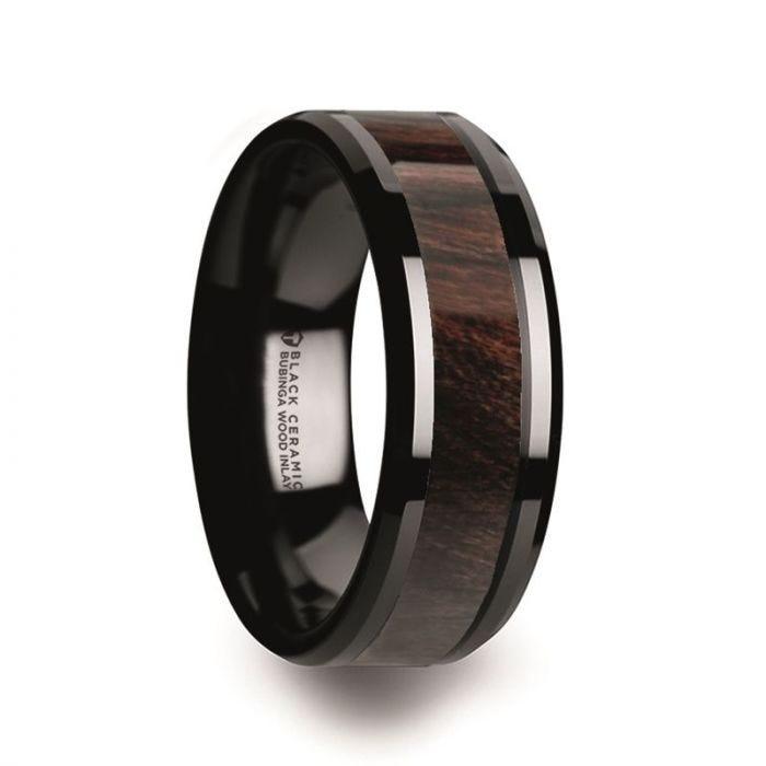 BENNY Black Ceramic Polished Beveled Edges Men’s Wedding Band with Bubinga Wood Inlay - 8mm