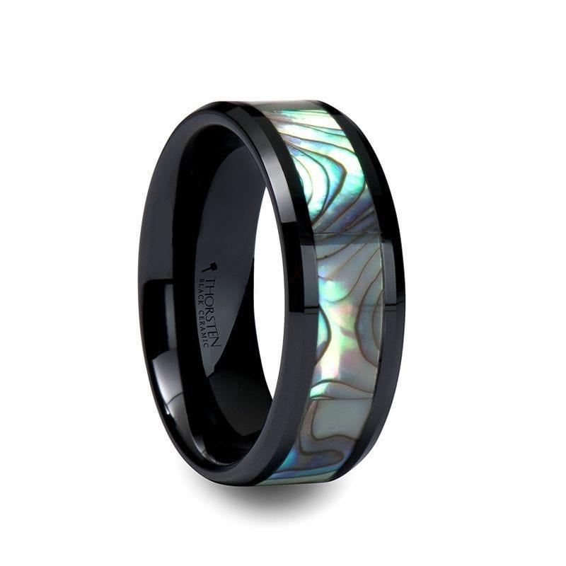 OAHU Beveled Black Ceramic Ring with Shell Inlay - 8mm