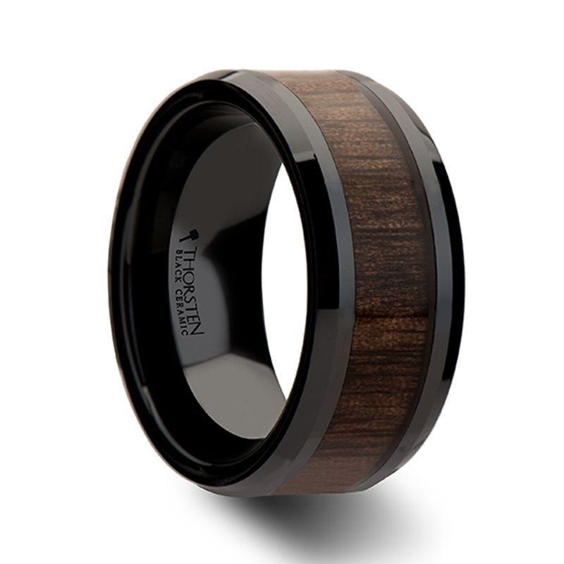 YUKON Beveled Black Ceramic Ring with Black Walnut Wood Inlay - 10mm