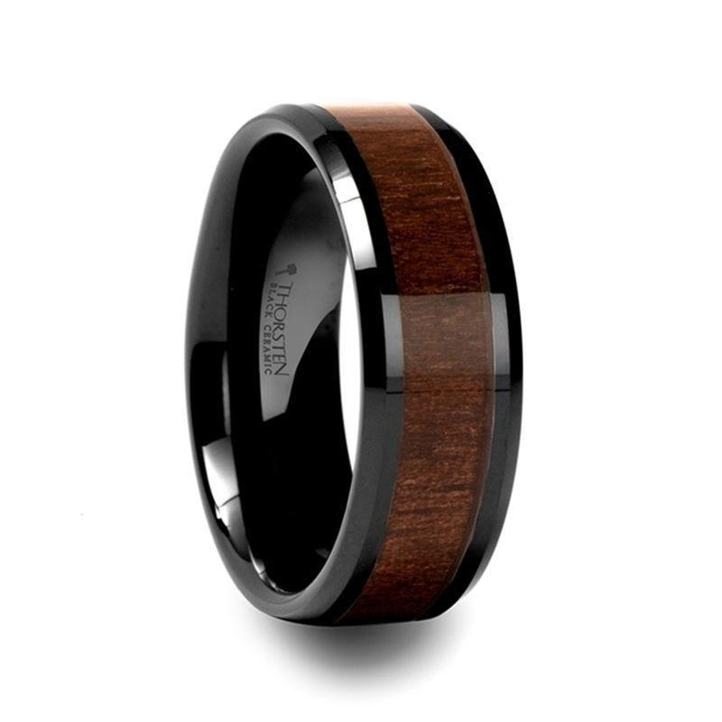 YUKON Beveled Black Ceramic Ring with Black Walnut Wood Inlay - 10mm