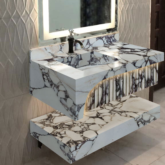 Calacatta Viola Marble Wall-mount Bathroom Sink Hidden Drain Set of 2