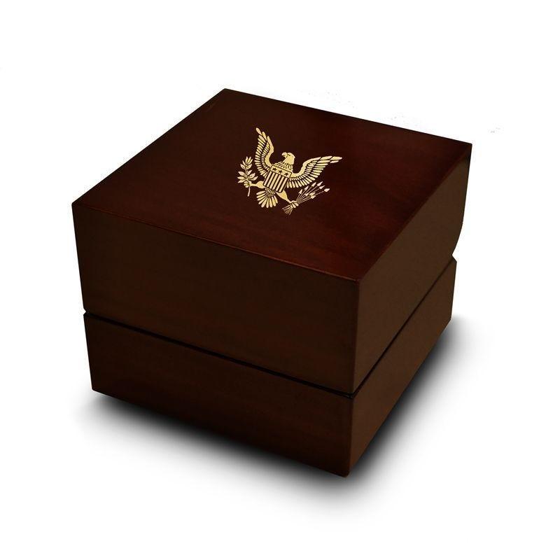 Flying Eagle Emblem Engraved Chocolate Dark Wood Personalized Wooden Wedding Ring Box