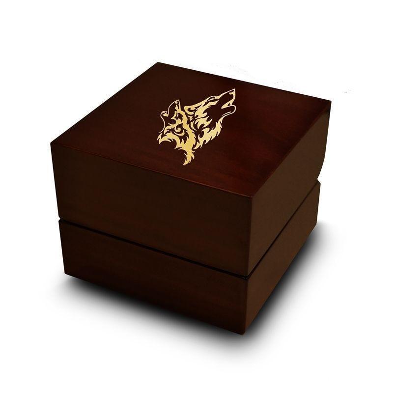 Double Wolf Head Print Engraved Chocolate Dark Wood Personalized Wooden Wedding Ring Box