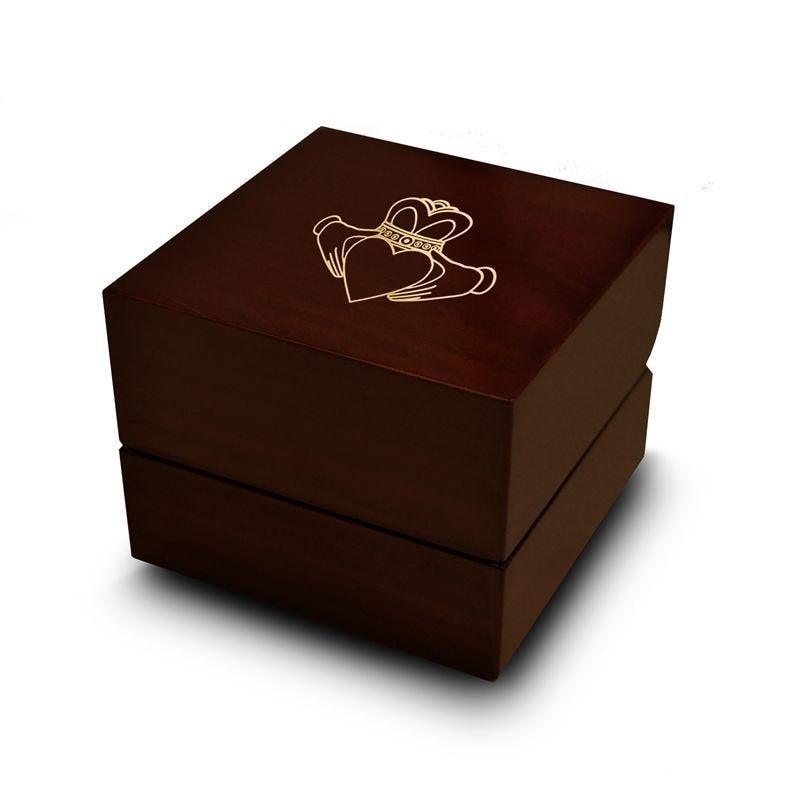 Crowned Heart Shaped Symbol Engraved Chocolate Dark Wood Personalized Wooden Wedding Ring Box