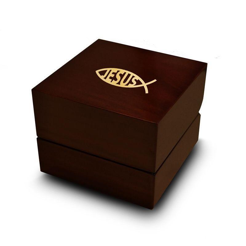 Christianity Jesus Script Fish Symbol Engraved Chocolate Dark Wood Personalized Wooden Wedding Ring Box