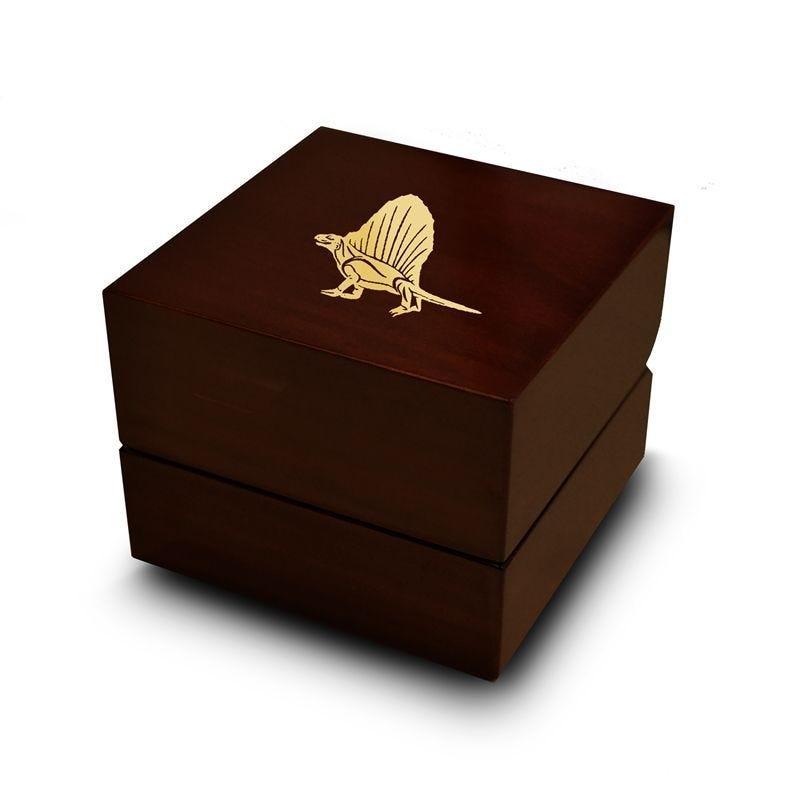 Dimetrodon Dinosaur Engraved Chocolate Dark Wood Personalized Wooden Wedding Ring Box