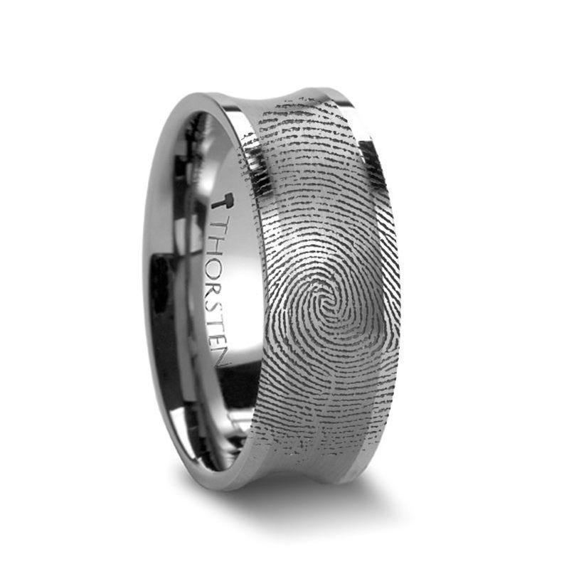 Fingerprint Engraved Concave Tungsten Ring Brushed Center - Trevico - 8mm