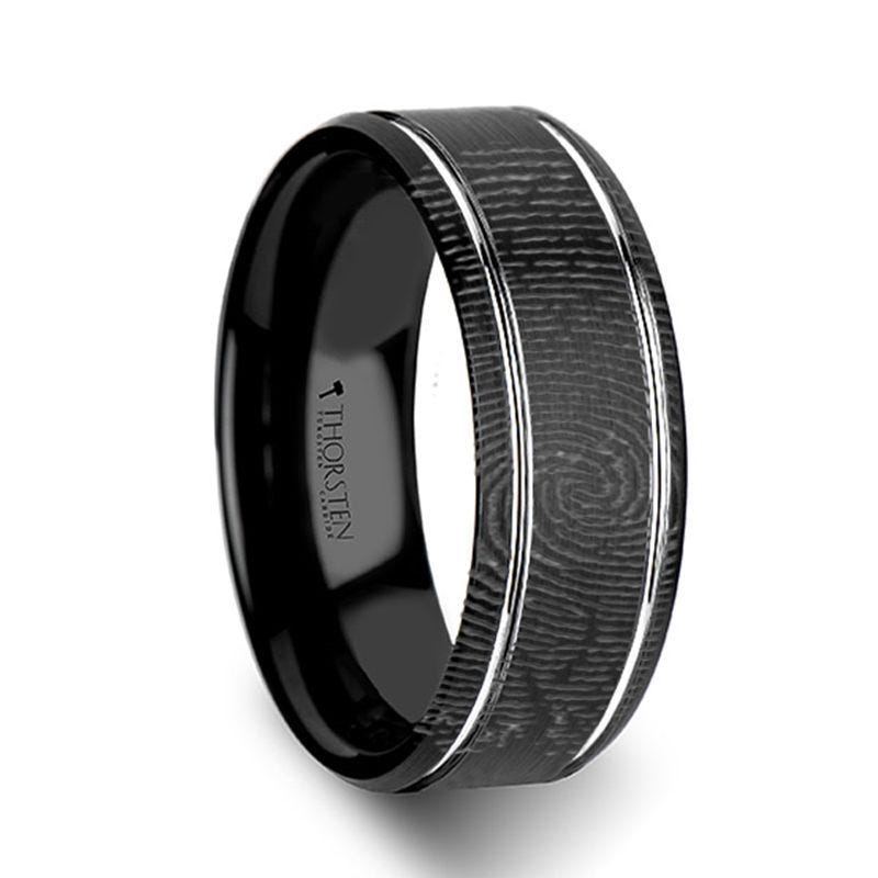 Fingerprint Engraved Flat Black Tungsten Ring with Brushed Finish & Polished Grooves - Nocturne - 6mm - 8mm