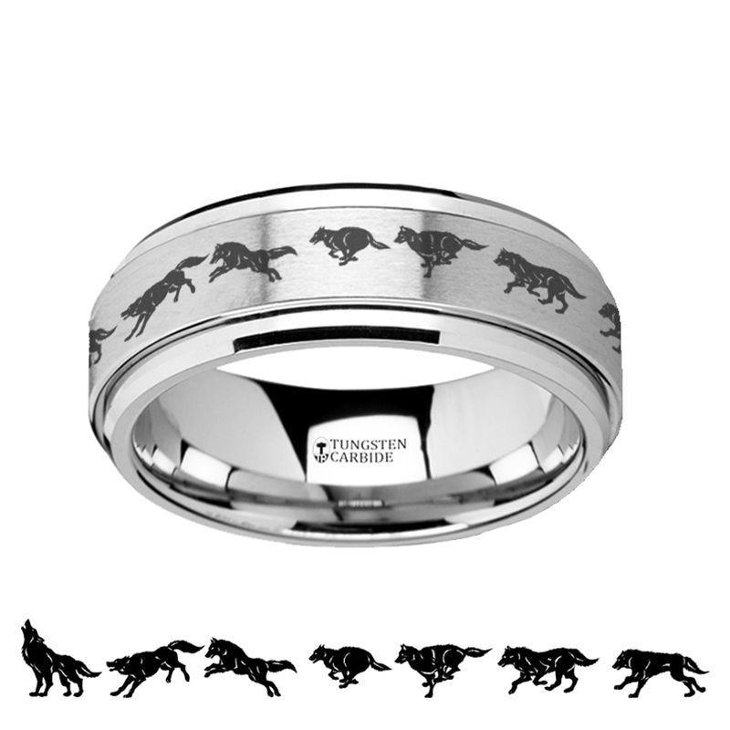 Spinning Engraved Running Wolf Tungsten Carbide Spinner Wedding Band - 8mm