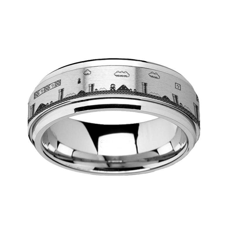 Spinning Engraved Super Mario Bros Pixel Level Game Tungsten Carbide Spinner Wedding Band - 8mm