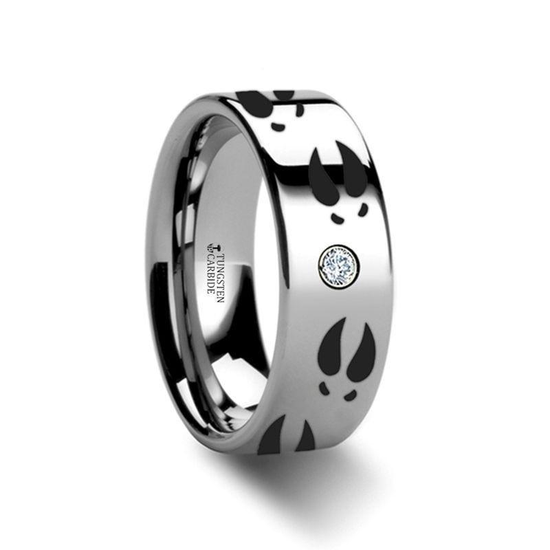 Deer Print Animal Track Engraved Flat Tungsten Diamond Ring - 6mm - 8mm