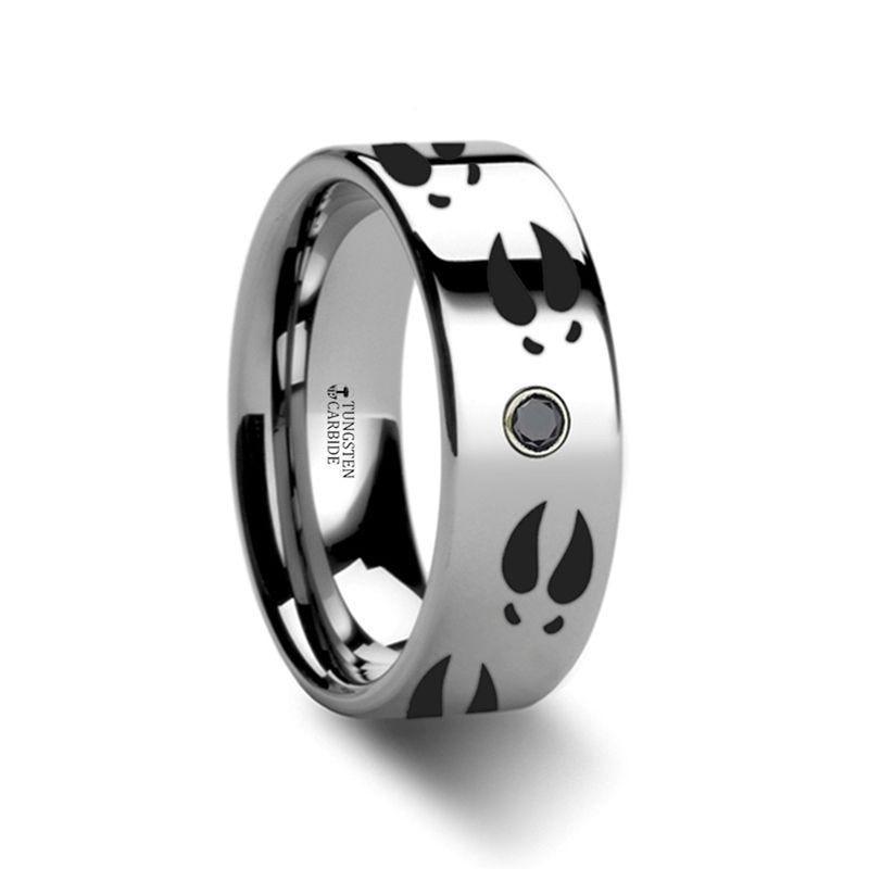 Deer Print Animal Track Engraved Flat Tungsten Black Diamond Ring - 6mm - 8mm