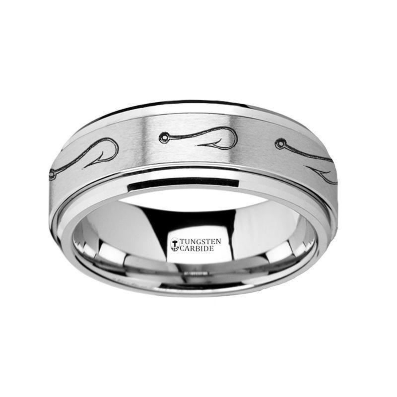 Spinning Engraved Fishing Hook Tungsten Carbide Spinner Wedding Band - 8mm