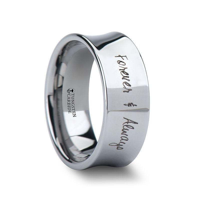 Handwritten Engraved Concave Tungsten Ring Polished - 4mm - 8mm