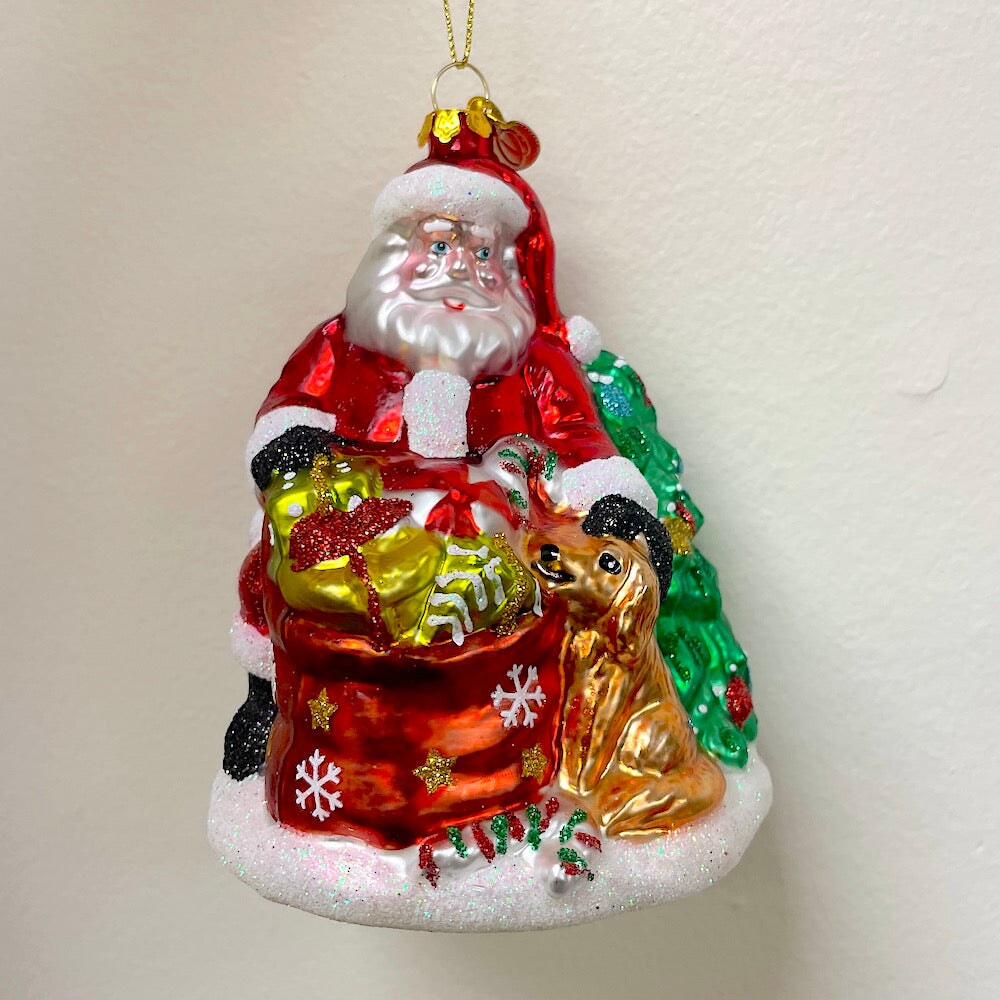 Santa with Dog and Giant Gift Bag Glass Christmas Ornament