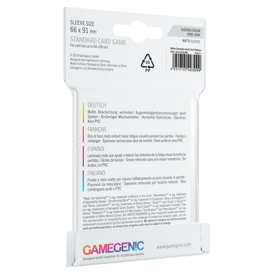 GameGenic MATTE Standard Card Game Sleeves 66 x 91 mm - Grey